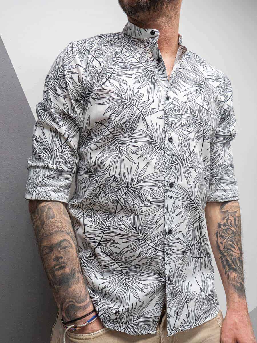 ESTASI Camicia slim in cotone stampa foglie con collo coreana DE NIRO