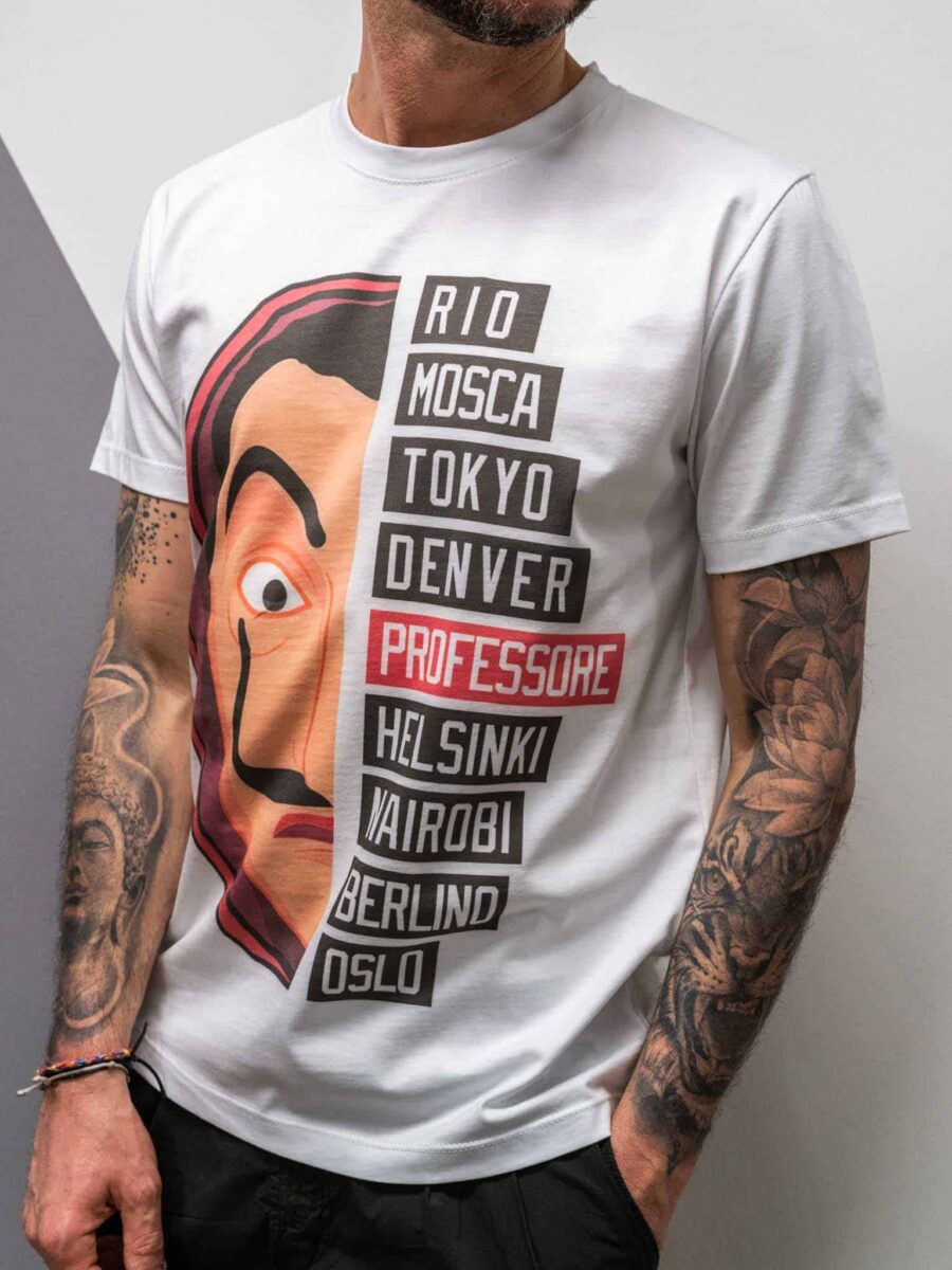 ESTASI T-shirt slim in cotone con stampa CASA DI CARTA