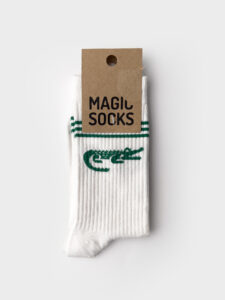 MAGIC SOCKS Calze in spugna unisex tg. unica stampa COCCODRILLO Bianche
