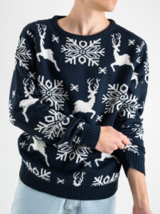 Maglione di natale con stampa fiocchi di neve e renne PJ280 blu (5)