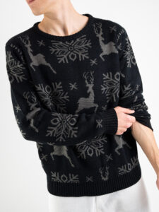 Maglione di natale con stampa fiocchi di neve e renne PJ280 nero (1)