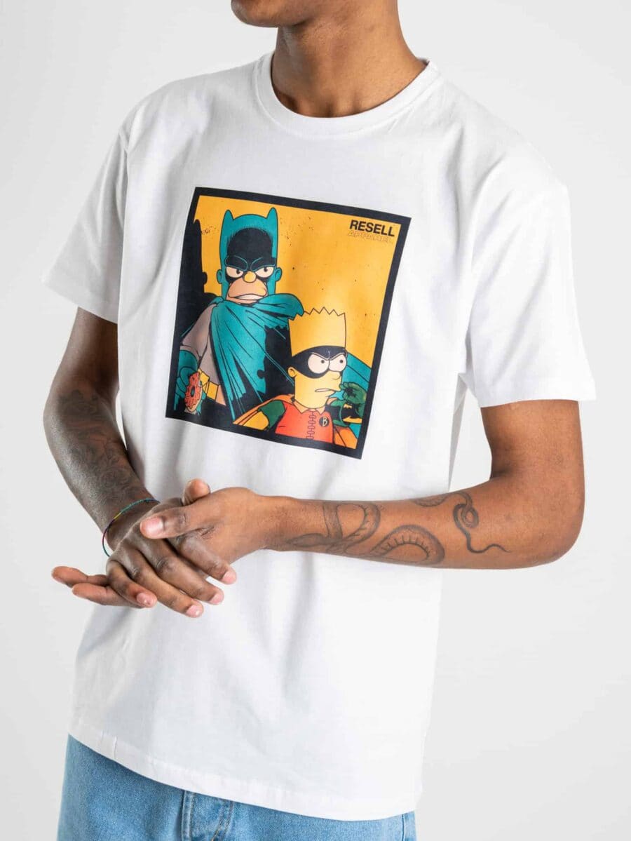 RESELL T-shirt in cotone con stampa SIMPSON BATMAN & ROBIN bianco