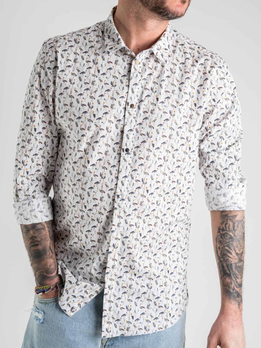 BERNA Camicia in cotone con colletto e stampa fenicotteri 220196 bianco