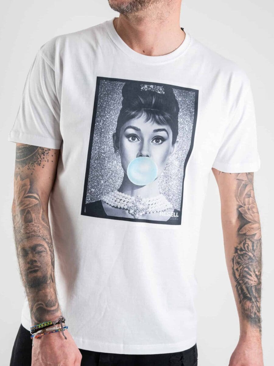 RESELL T-shirt in cotone con stampa AUDREY HEPBURN 174 bianco