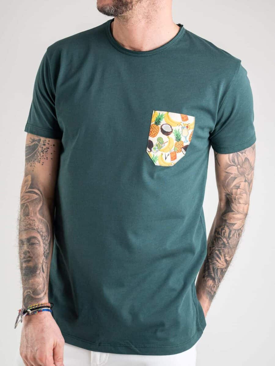V2 T-shirt in cotone con taschino stampa COCKTAIL 16 Verde
