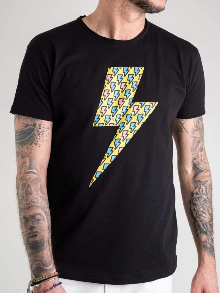 V2 T-shirt in cotone con SAETTA stampa fulmini nera