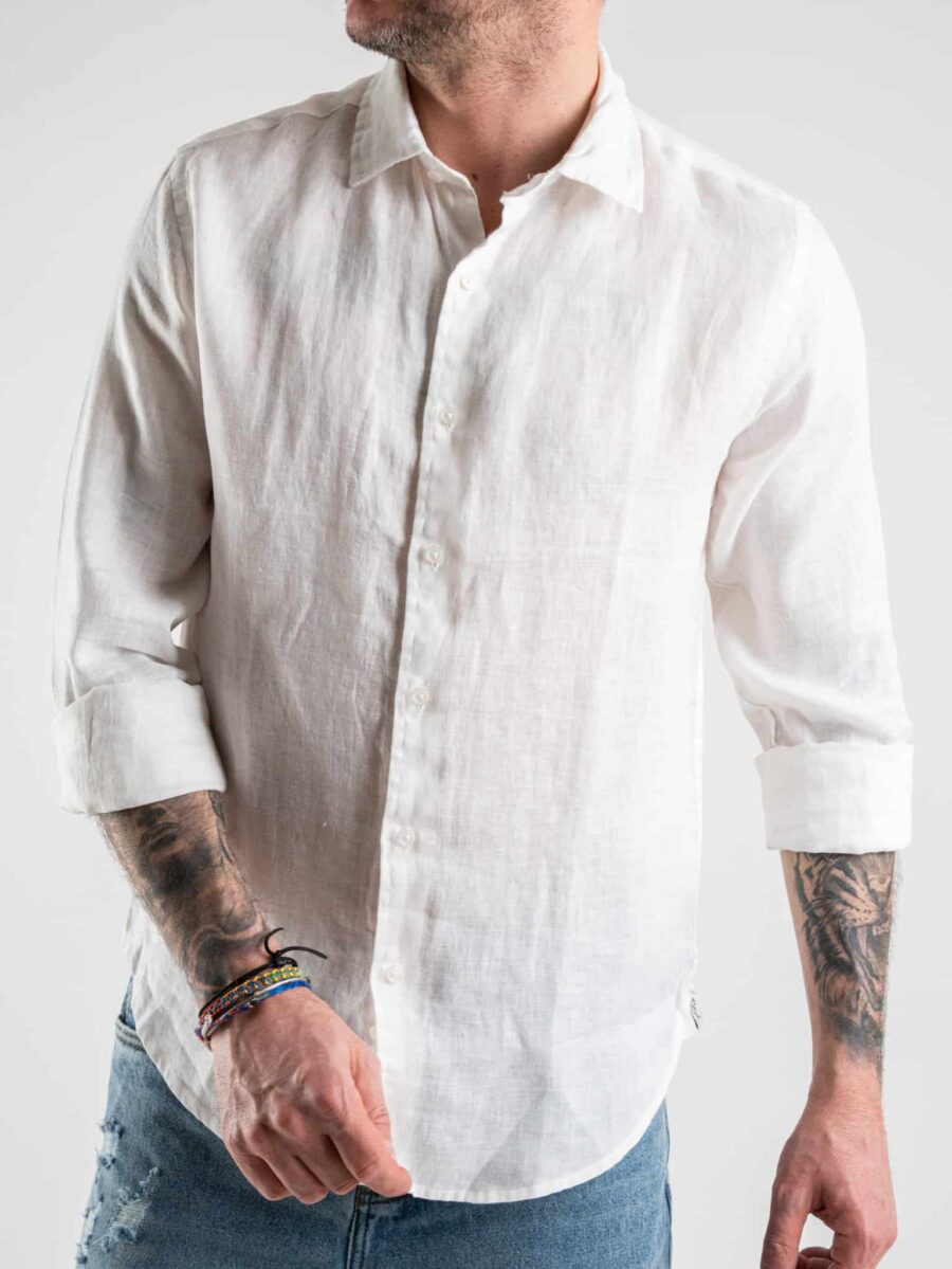 BERNA Camicia in lino con colletto Bianca