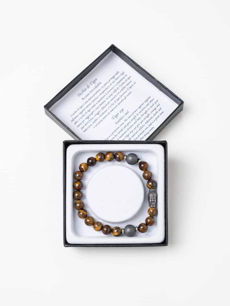 Braccialetto elasticizzato con perline colorate OCCHIO DI TIGRE BUDDHA Marrone
