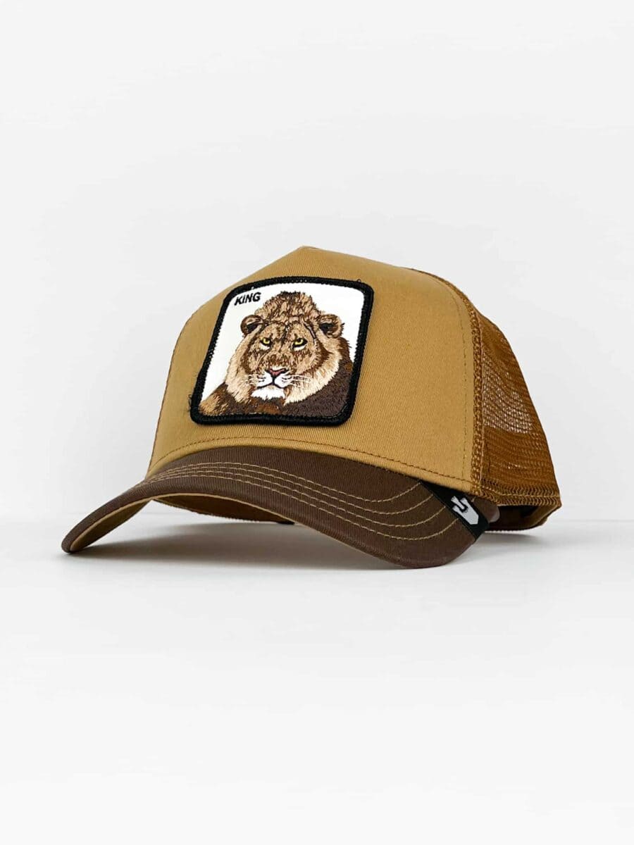 GOORIN BROS Cappellino cammello con visiera marrone e patch bianca stampa leone KING