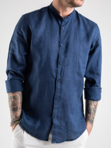 OVER-D Camicia in lino con collo coreana C08 Blu (1)