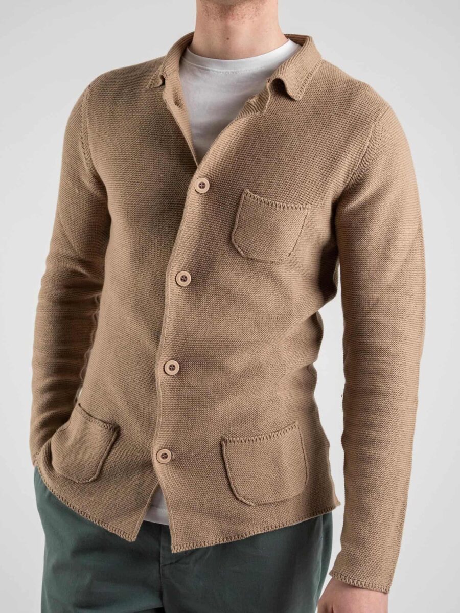 OVER-D Giacca in maglia leggera con collo camicia e taschino M16 Sabbia