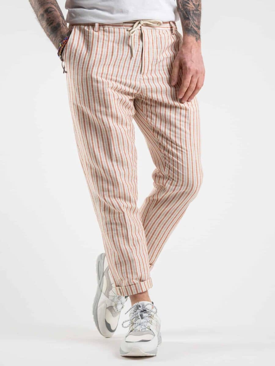 OVER-D Pantalone rigato con coulisse in vita P24 Corallo