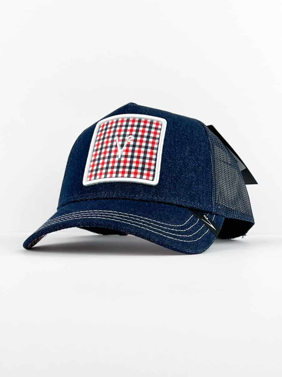 V2 Cappellino in jeans con patch QUADRETTI blu