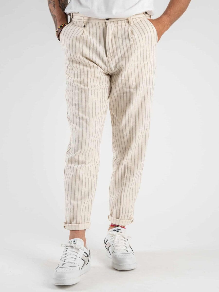 BERNA Pantalone in misto lino rigato 220371 Bianco