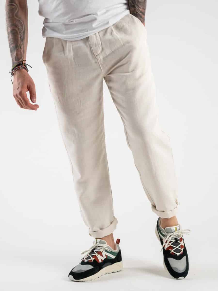 BERNA Pantalone morbido con coulisse in misto lino 220319 Latte