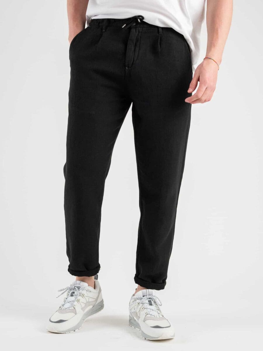 BERNA Pantalone morbido con coulisse in misto lino 230154 Nero