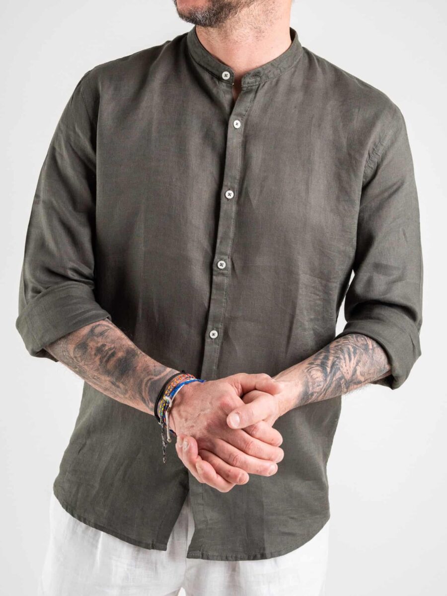 BL11 Camicia in lino con collo coreana Militare