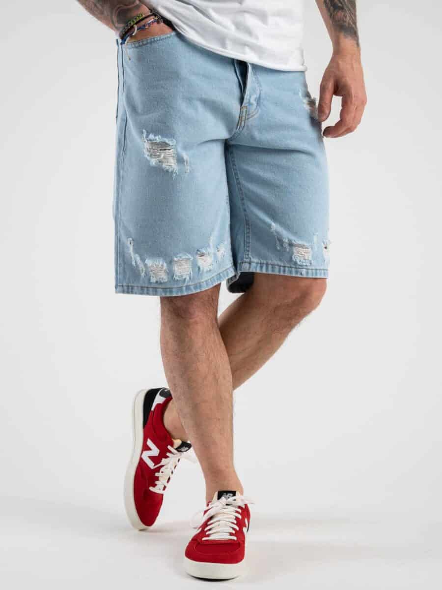Bermuda in jeans lavaggio chiaro con rotture CR2270 Azzurro