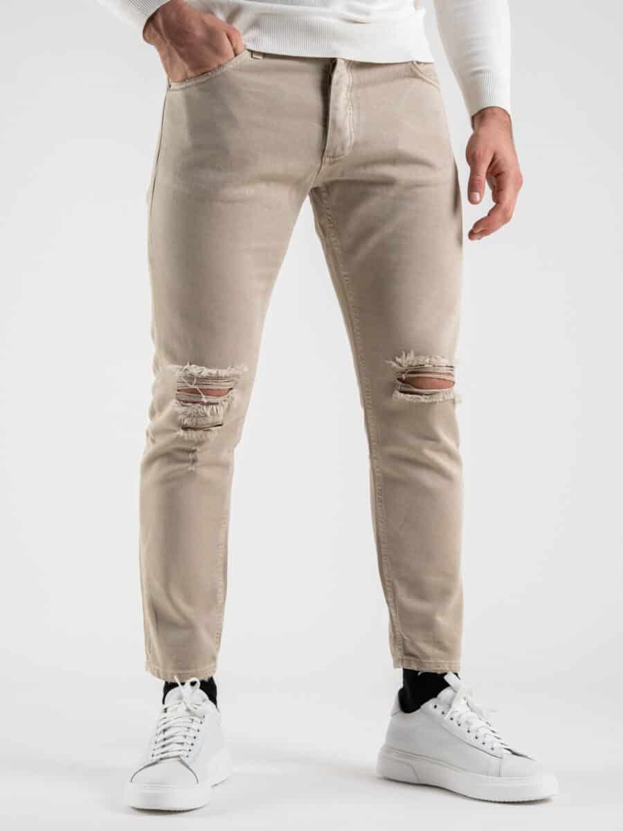 ESTASI Jeans 100% cotone con rotture alle ginocchia KLOPP beige
