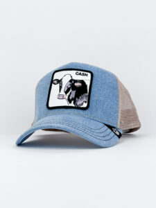 GOORIN BROS Cappellino in jeans azzurro con retina beige e patch bianca stampa mucca CASH1