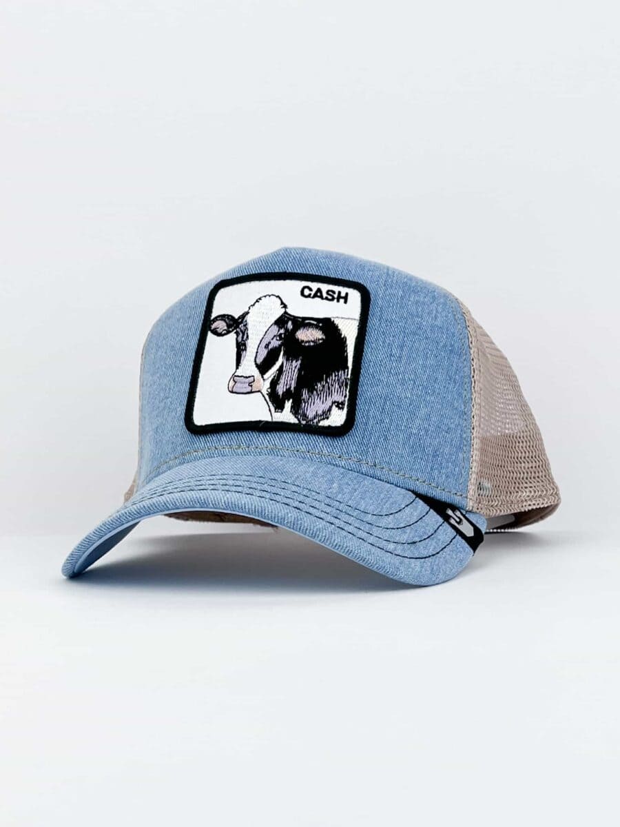 GOORIN BROS Cappellino in jeans azzurro con retina beige e patch bianca stampa mucca CASH