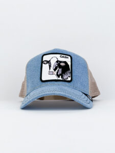 GOORIN BROS Cappellino in jeans azzurro con retina beige e patch bianca stampa mucca CASH2