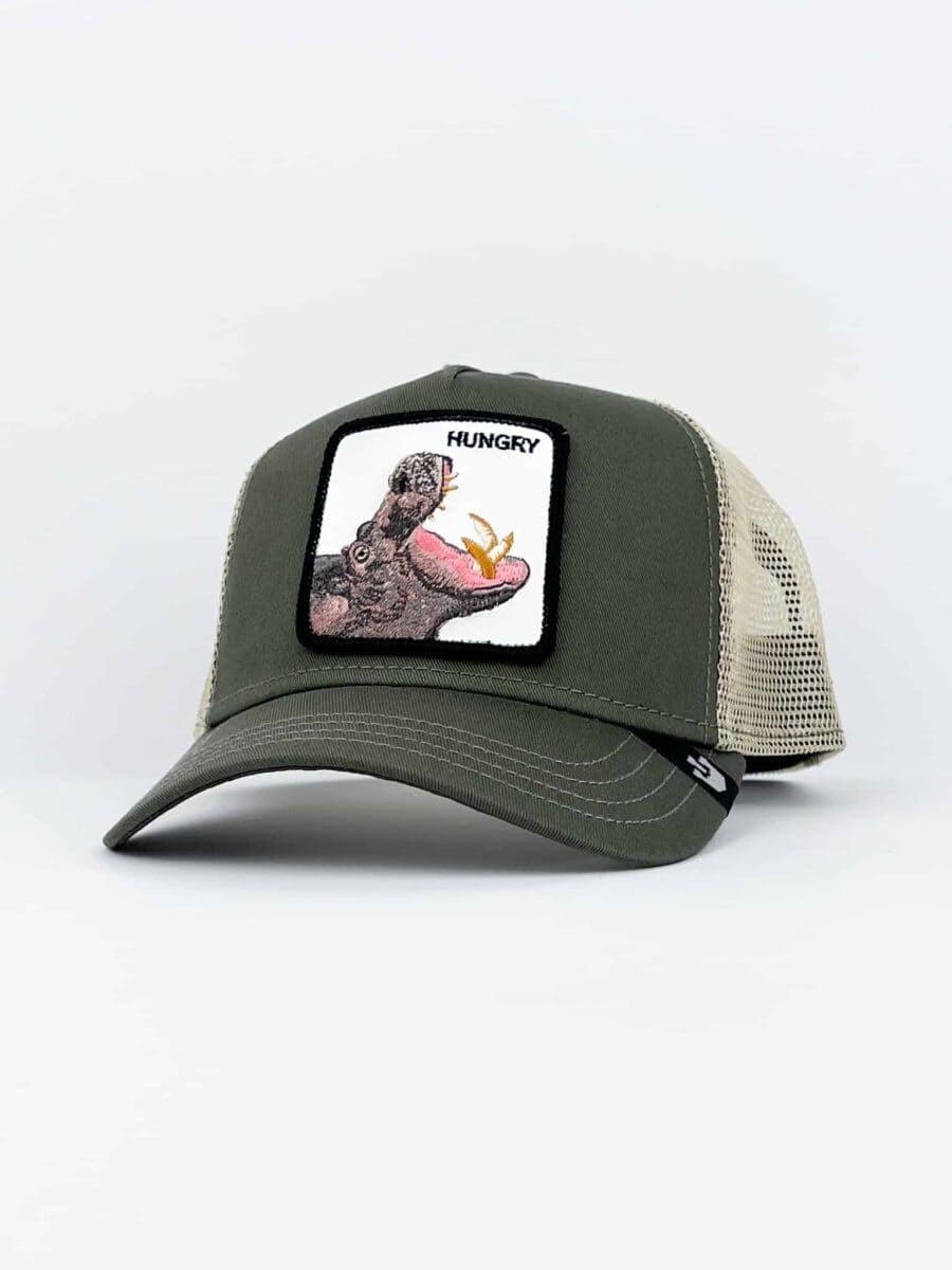 GOORIN BROS Cappellino verde con retina beige e patch in pelle bianca stampa ippopotamo HUNGRY