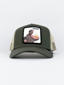 GOORIN BROS Cappellino verde con retina beige e patch in pelle bianca stampa ippopotamo HUNGRY2