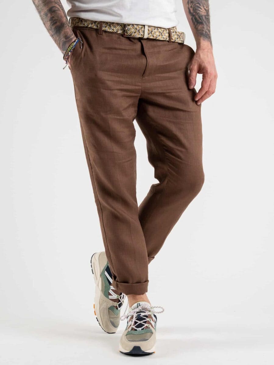 OVER-D Pantalone chinos basico in lino P13 Cacao