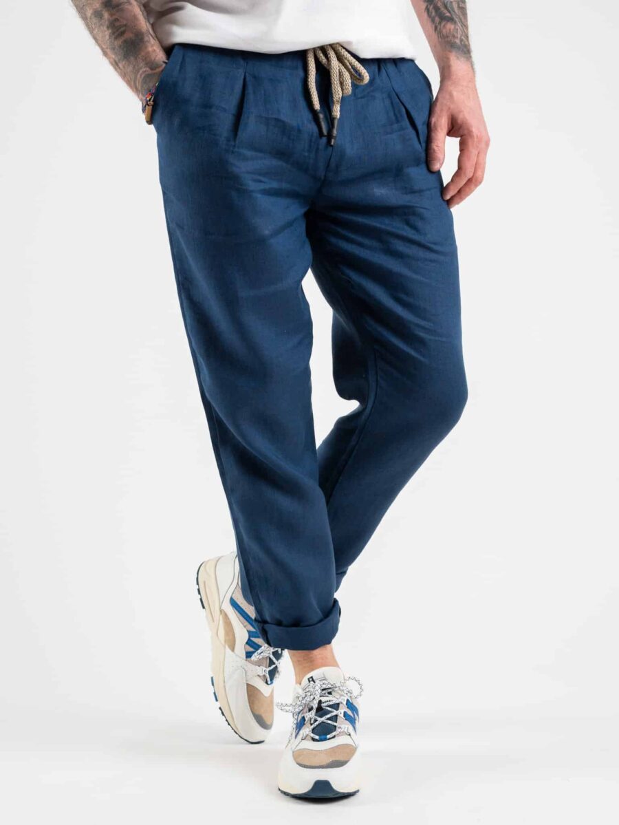 OVER-D Pantalone in lino con elastico in vita P28 Blu