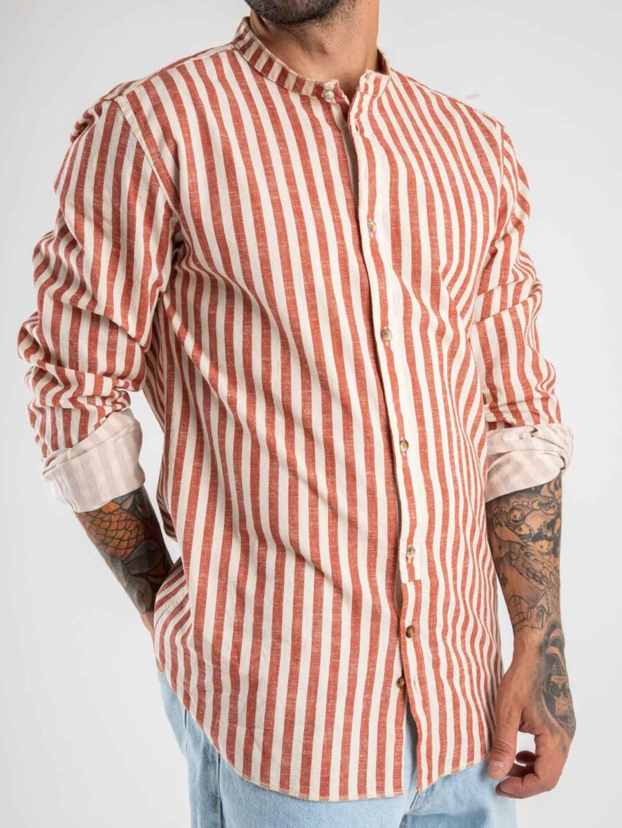 BERNA Camicia in cotone a righe con collo coreana 220326 Rosso/panna