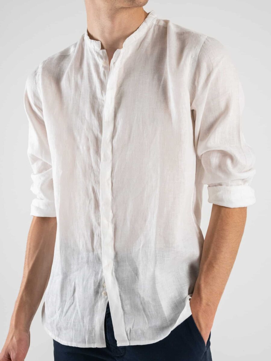 BERNA Camicia in lino con collo coreana e bottoni a scomparsa 220009 Bianca