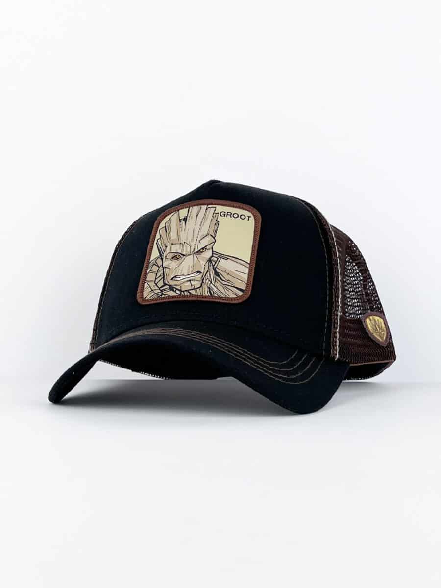 CAPSLAB Cappellino Marvel nero con retina marrone e patch beige GROOT