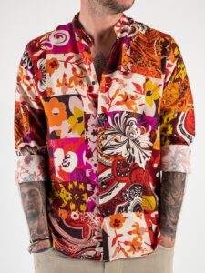 ESTASI Camicia coreana in viscosa stampa floreale beige e marrone LIPARI rossa (5)