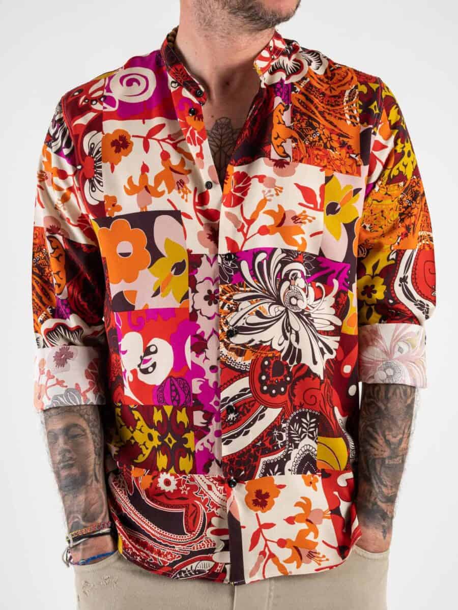 ESTASI Camicia coreana in viscosa stampa floreale beige e marrone LIPARI rossa