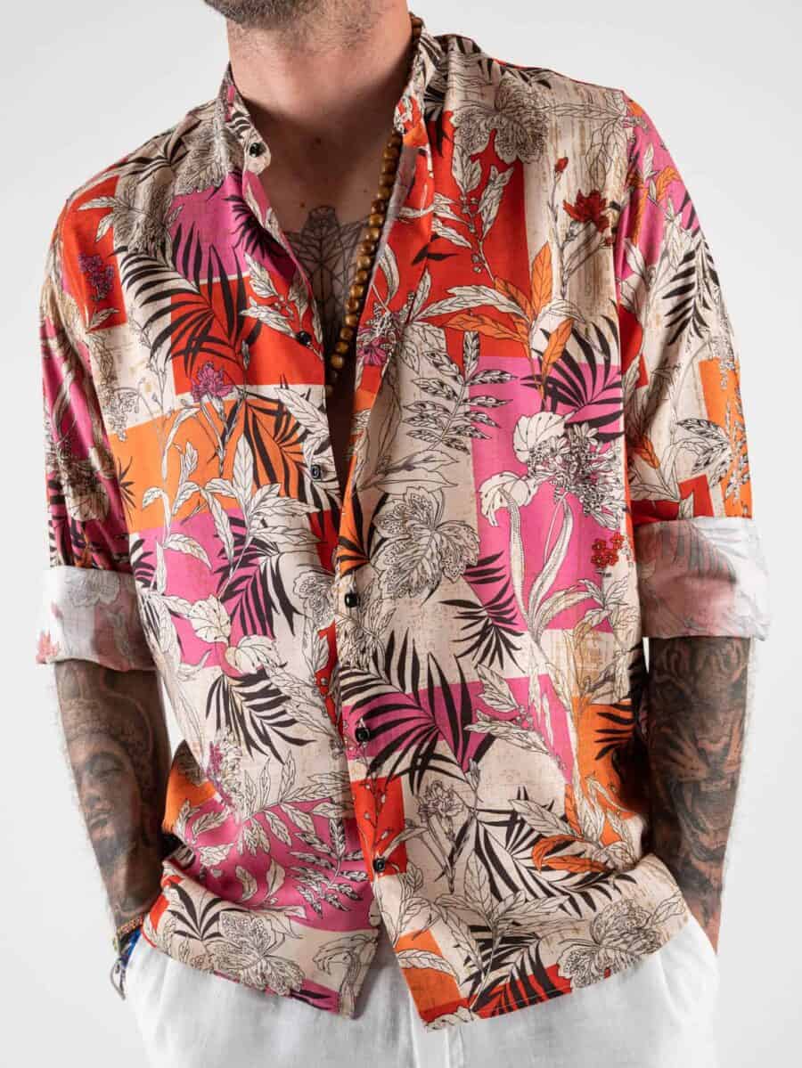 ESTASI Camicia coreana in viscosa stampa floreale beige e rosa TROPEA Rosa