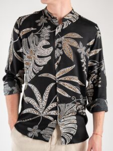 ESTASI Camicia coreana in viscosa stampa floreale nera e beige AMALFI Nera (5)