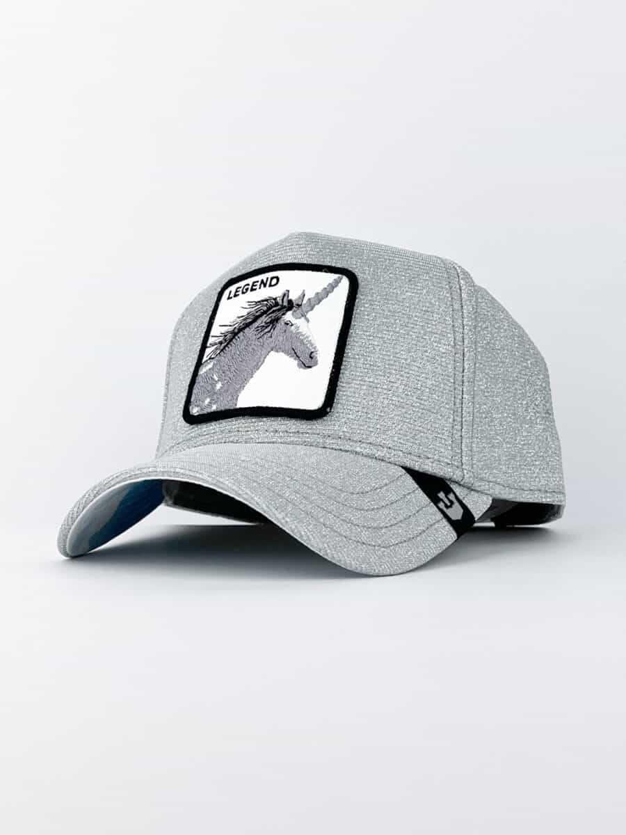 GOORIN BROS Cappellino in glitter grigio chiaro con patch in pelle bianca stampa Unicorno LEGEND