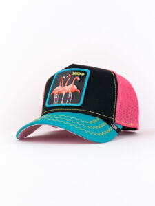 GOORIN BROS Cappellino nero con becca azzurra e rete rosa e patch in pelle nera stampa Fenicottero SQUAD1