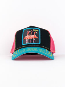 GOORIN BROS Cappellino nero con becca azzurra e rete rosa e patch in pelle nera stampa Fenicottero SQUAD2