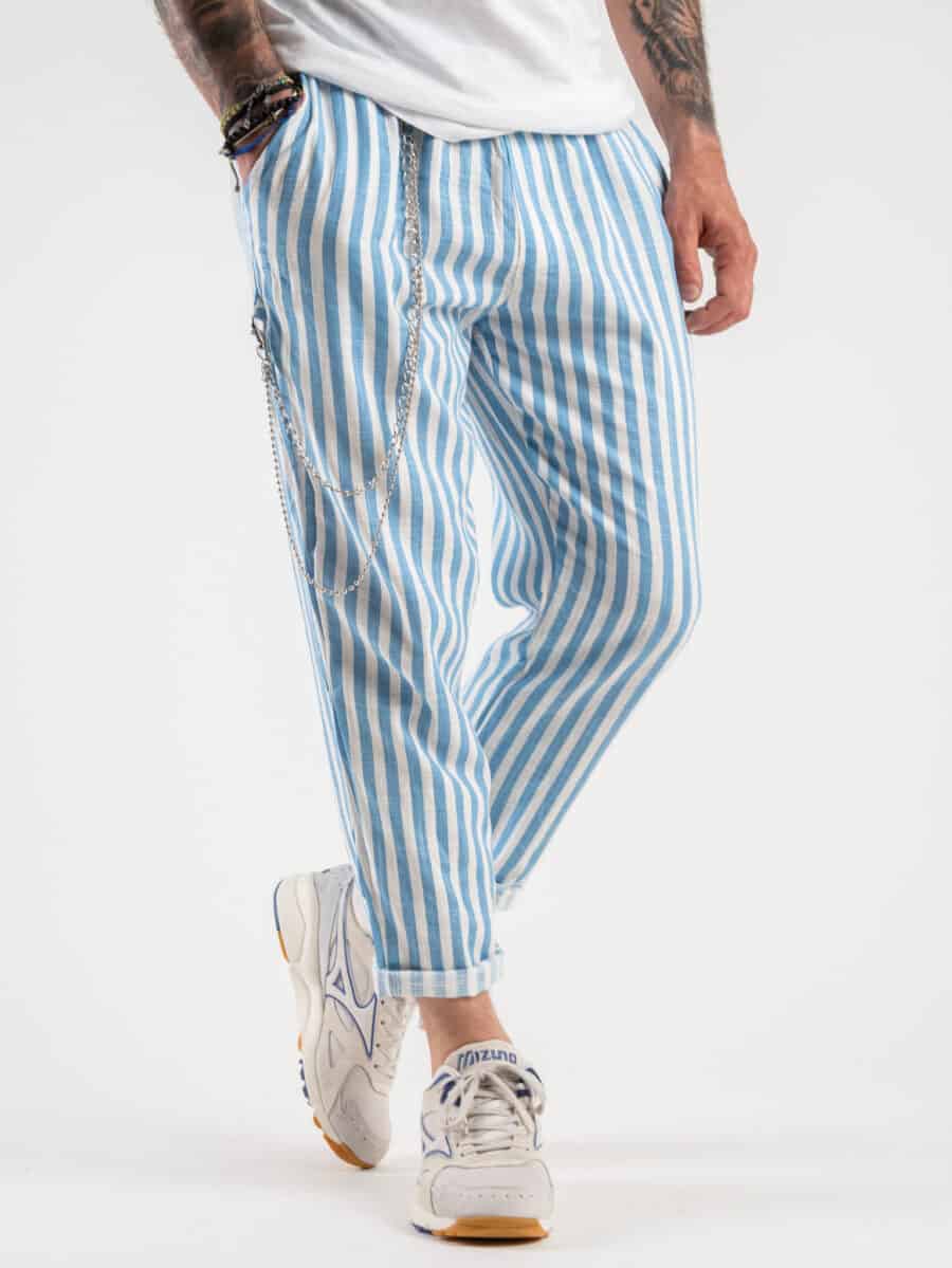 Pantalaccio in misto lino rigato con catenella e coulisse AD1033 Azzurro/Bianco