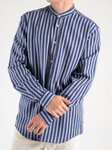 AKIRO Camicia in misto lino a righe con collo coreana MARTINA02 Blu (3)
