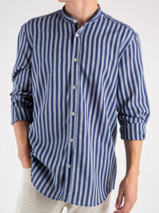 AKIRO Camicia in misto lino a righe con collo coreana MARTINA02 Blu (4)