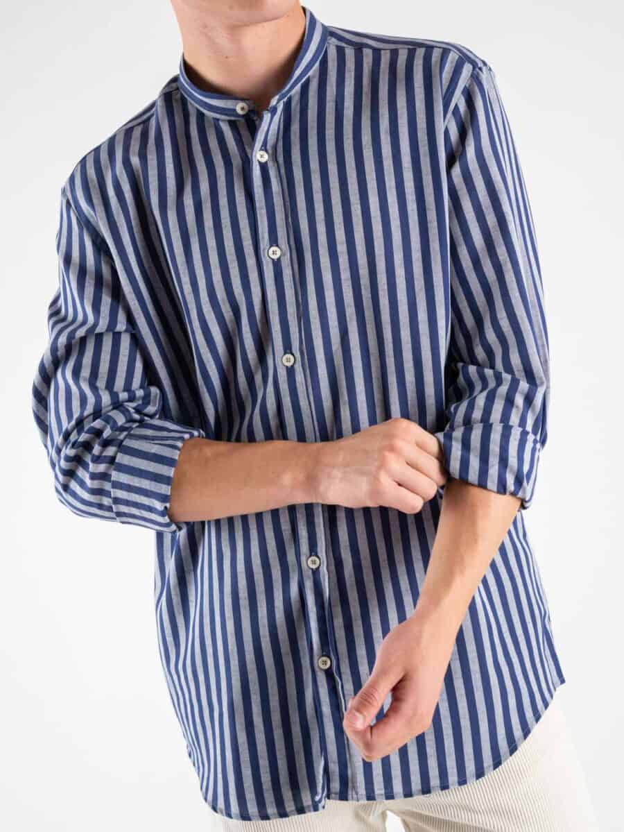 AKIRO Camicia in misto lino a righe con collo coreana MARTINA02 Blu