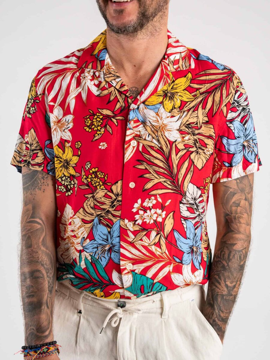 Camicia a mezze maniche in viscosa a fiori P1815 Rossa