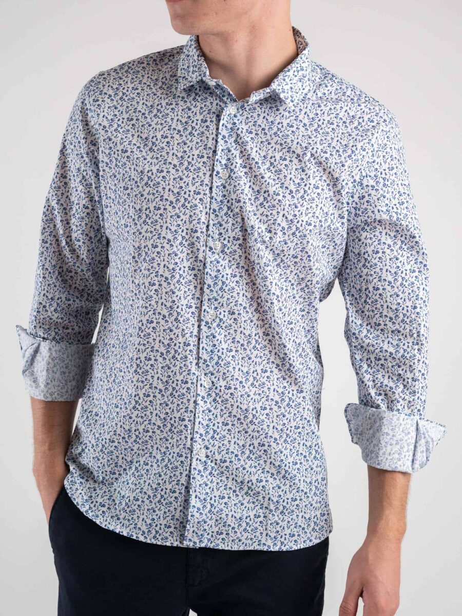 ESTASI Camicia in cotone stampa fiorata con colletto COURMAYEUR Bianca/Blu