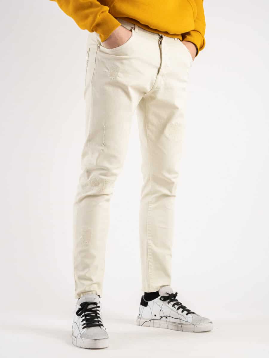 BERNA Jeans slim con rotture e toppe 220214 Panna