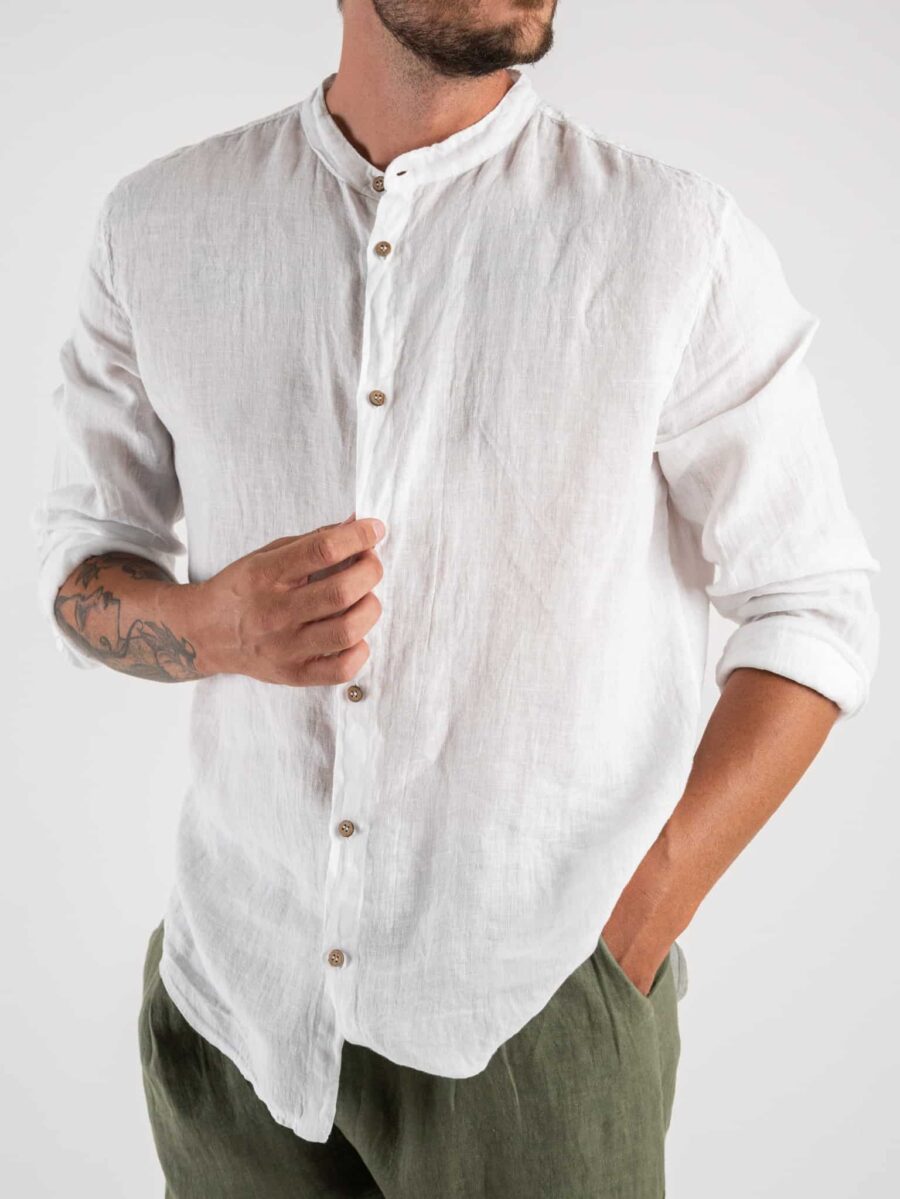 Camicia in lino basica con collo coreana LAGO Bianca