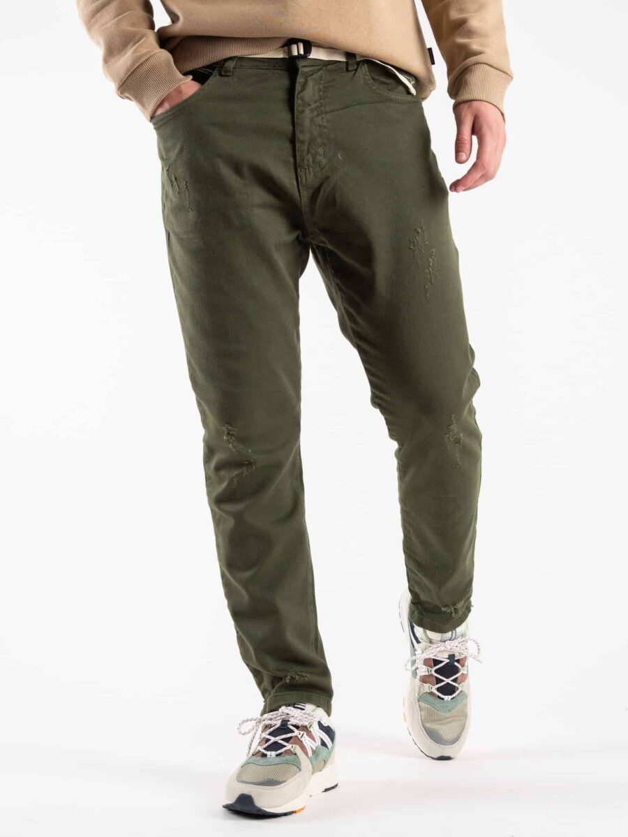 OVER-D Pantalone cinque tasche con piccole rotture e cordino cucito P18 Militare