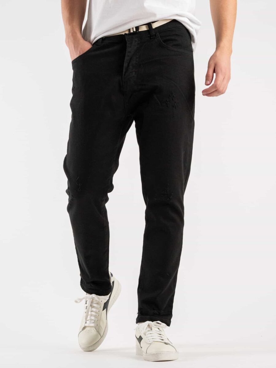 OVER-D Pantalone cinque tasche con piccole rotture e cordino cucito P18 Nero